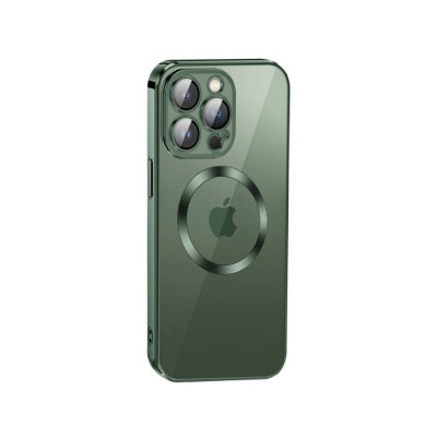 Husa iPhone 13 Pro Max, Premium MagSafe Electro, Spate Transparent, Rama Verde